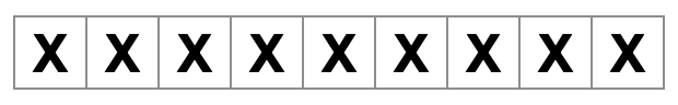 nove quadrati in una riga riempiti con x